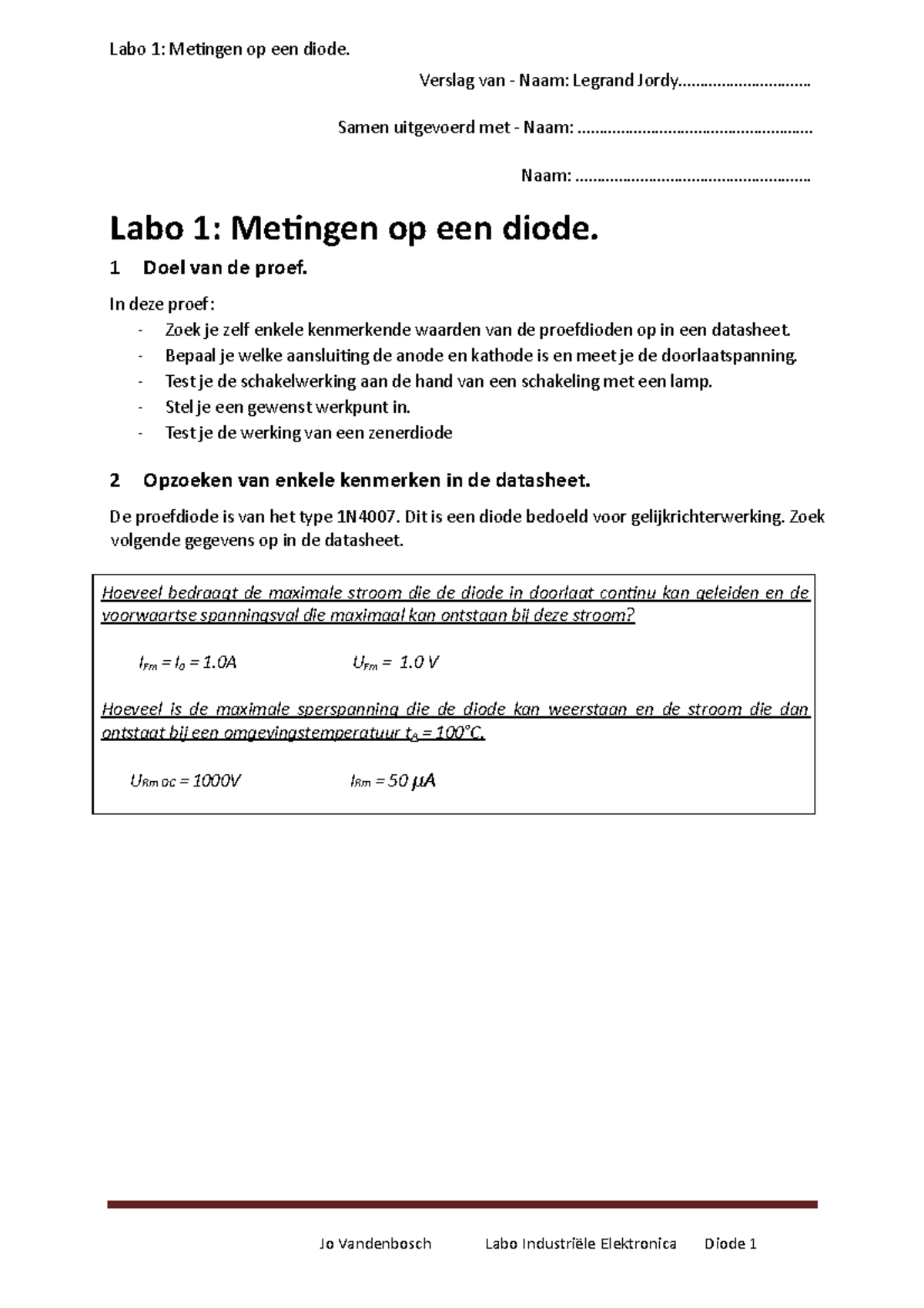 Labo 1: Metingen van Diode Karakteristieken en Functionaliteit - Studocu