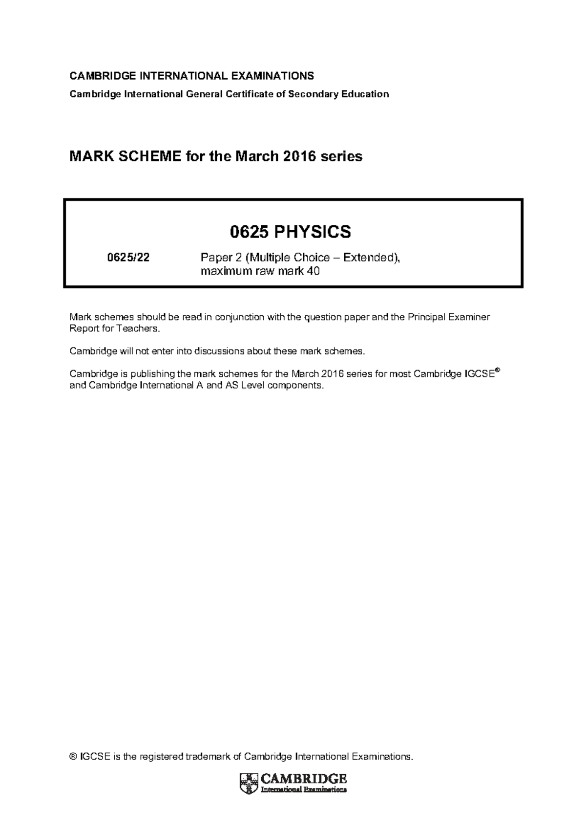 0625 m16 ms 22 - IGCSE Physics Paper 2 Mark Scheme Analysis - Studocu