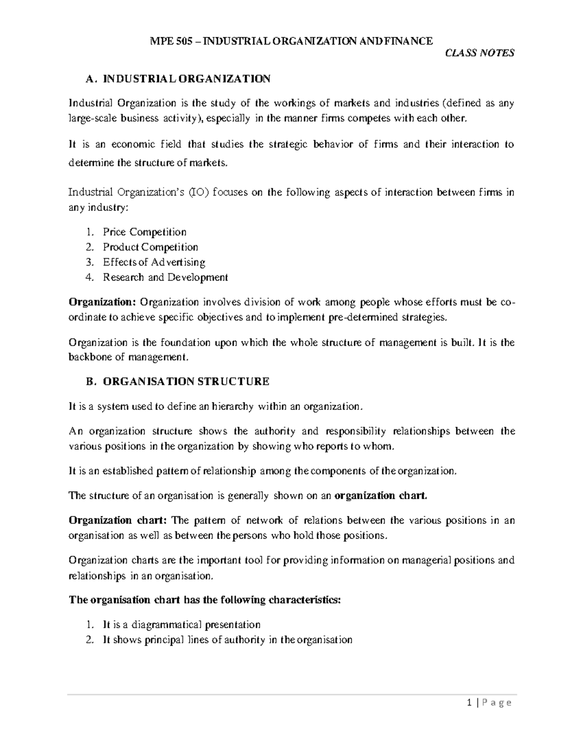MPE 505 Class Notes: Industrial Organization and Management Structure ...