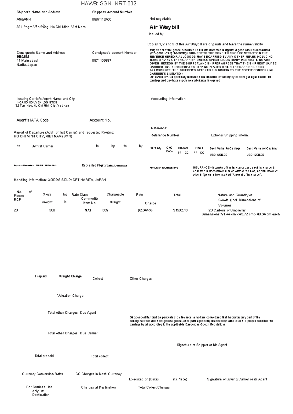 HAWB Form - Air Waybill Details for Shipment to Japan - Studocu