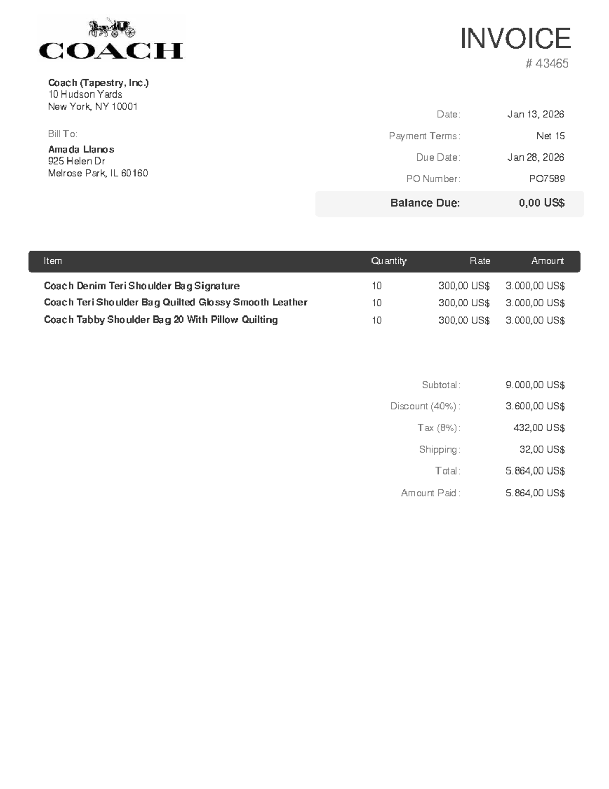Invoice 43465 Amada Llanos - INVOICE # 43465 Coach (Tapestry, Inc.) 10 ...