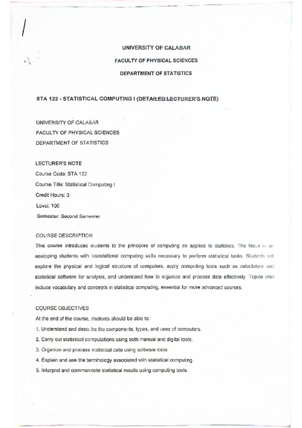 STA 122 Statistical Computing I Course Notes and Overview - Studocu