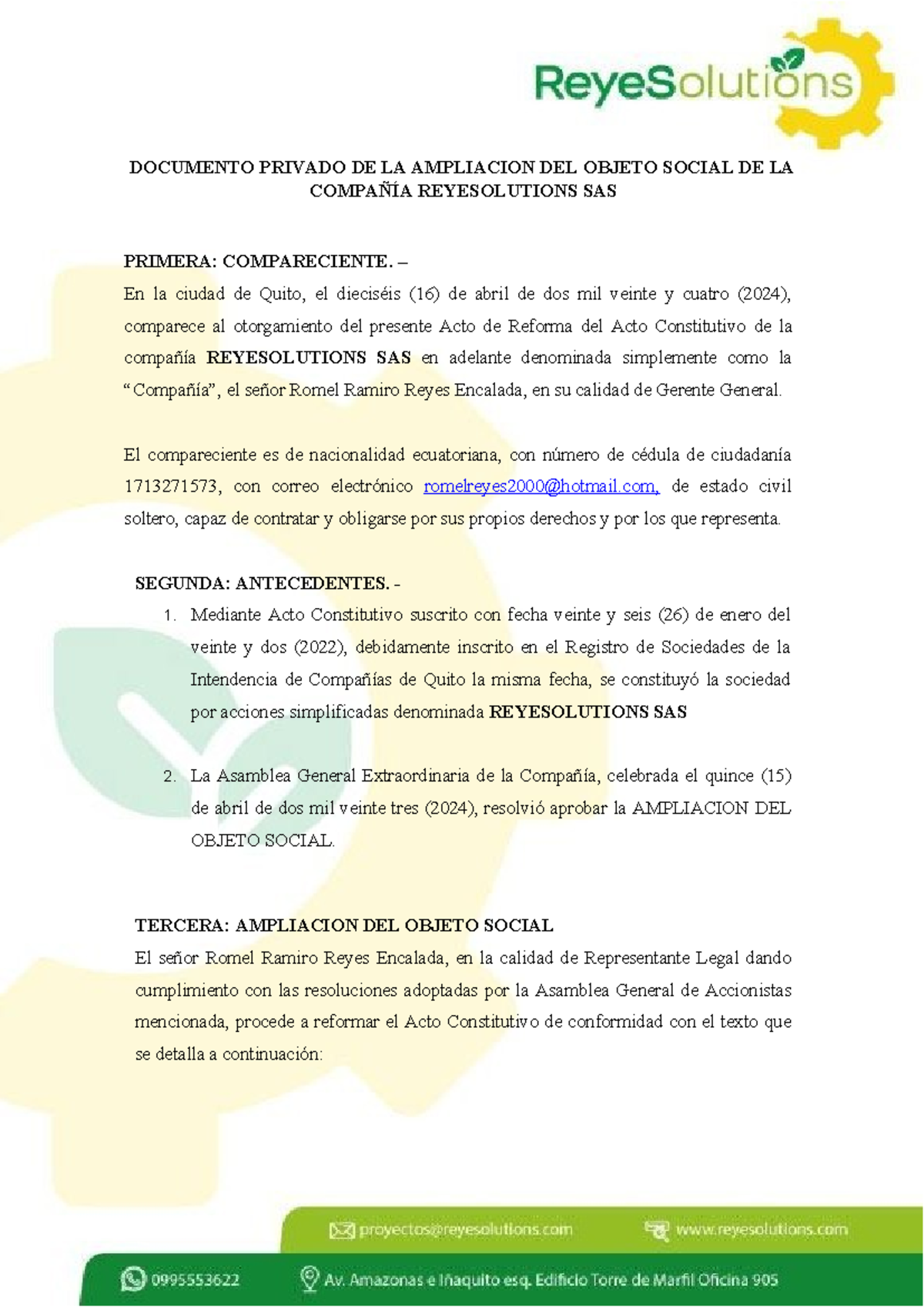 Documento Privado de Ampliación del Objeto Social de REYESOLUTIONS SAS - Document Preview