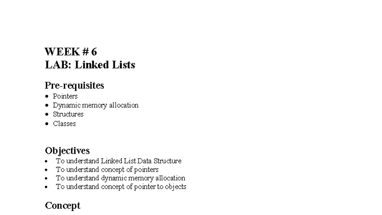 WEEK 6 LAB: Linked Lists & Dynamic Memory Allocation Concepts - Studocu