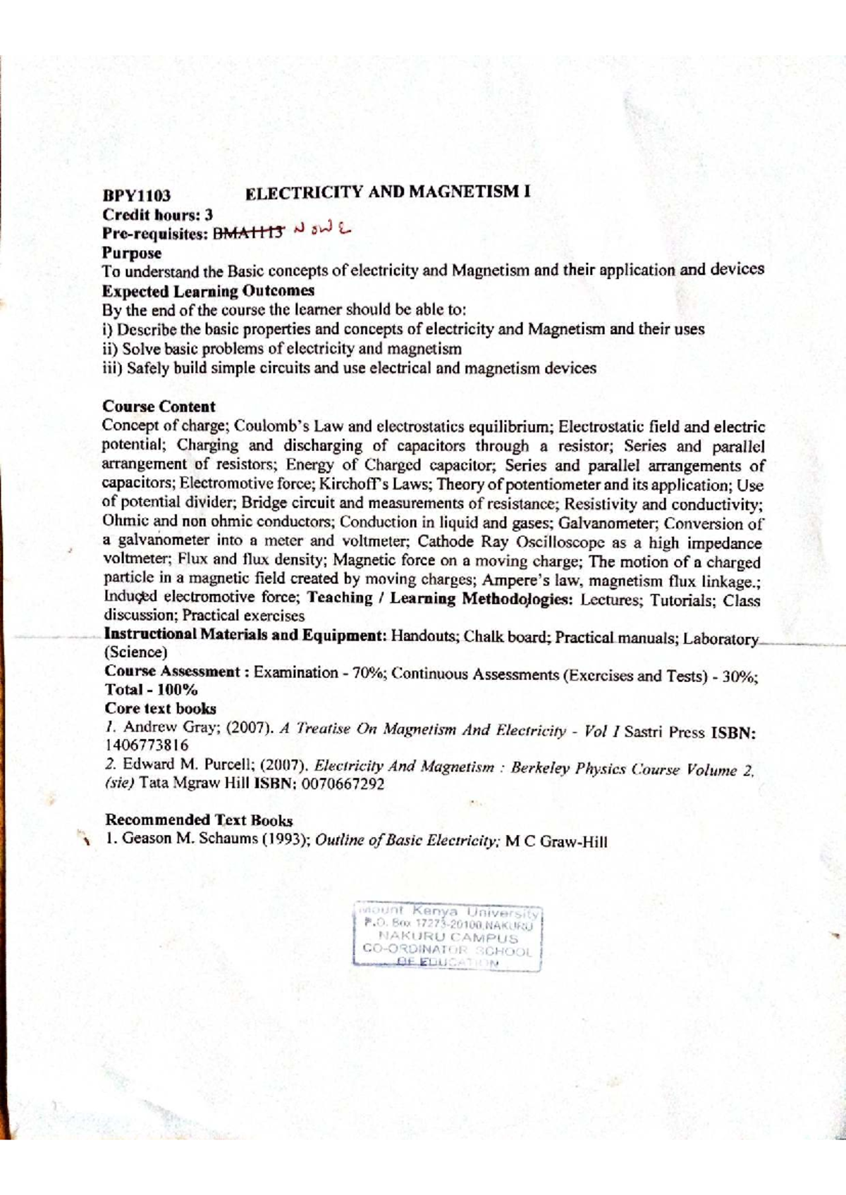 BPY1103 Electricity and Magnetism I: Reference Notes - Studocu