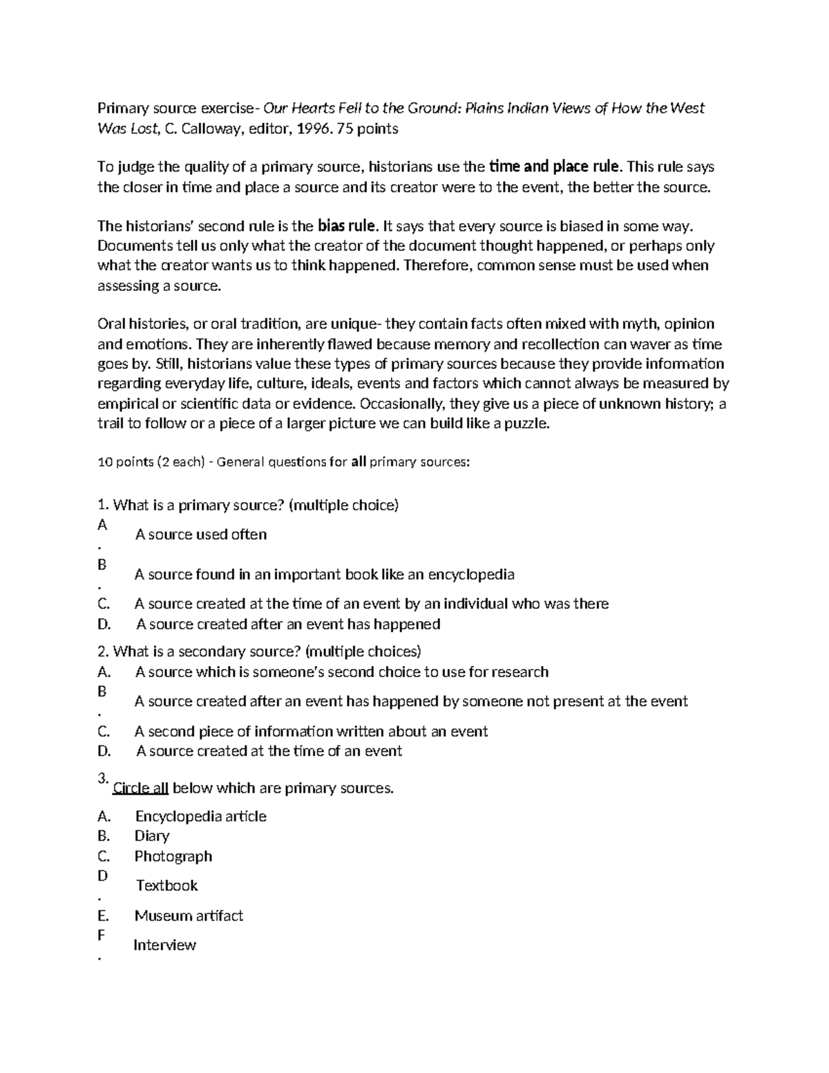 Primary Source Exercise: Evaluating Plains Indian Perspectives (75 pts ...