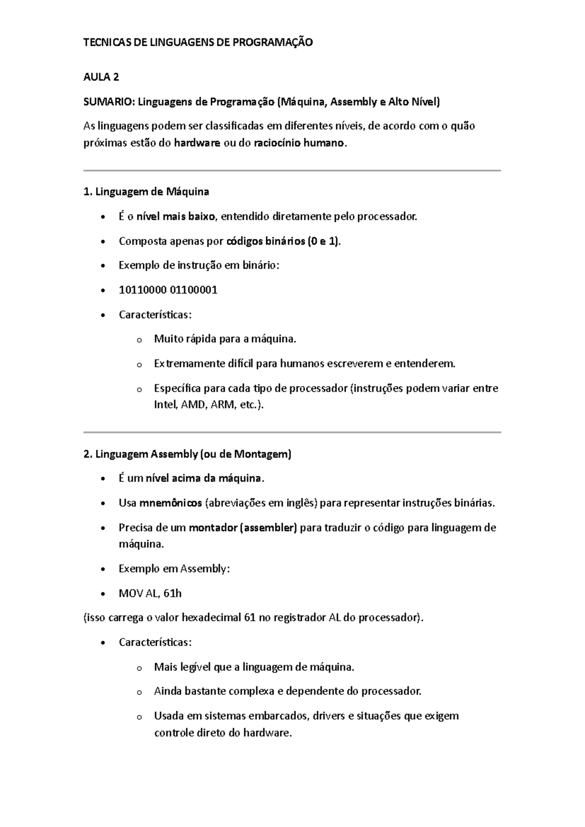 TLP Aula 2 - Linguagens de Programação: Máquina e Assembly - Studocu