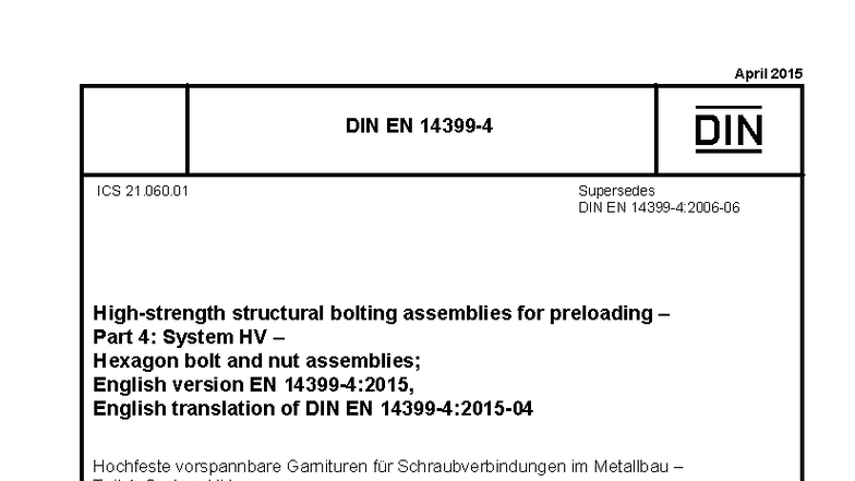 DIN EN 14399-4: Structural Bolting Assemblies for Preloading - Studocu