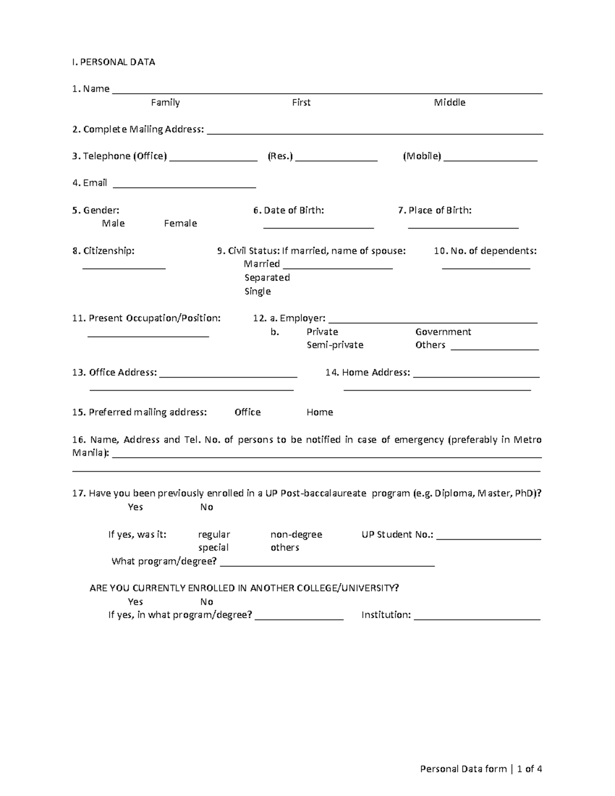 UP Personal Data Form for Enrollment and Admission Documentation - Studocu