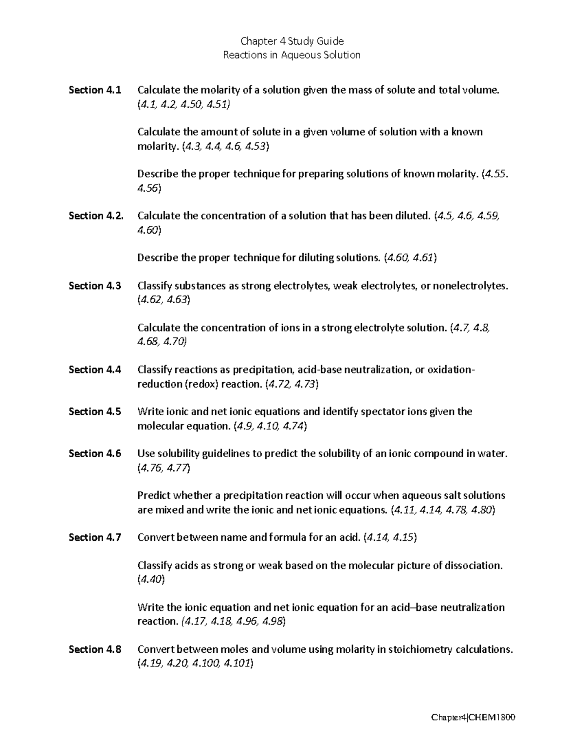 Chapter 4 Study Guide: Reactions in Aqueous Solutions (4.1-4.8) - Studocu