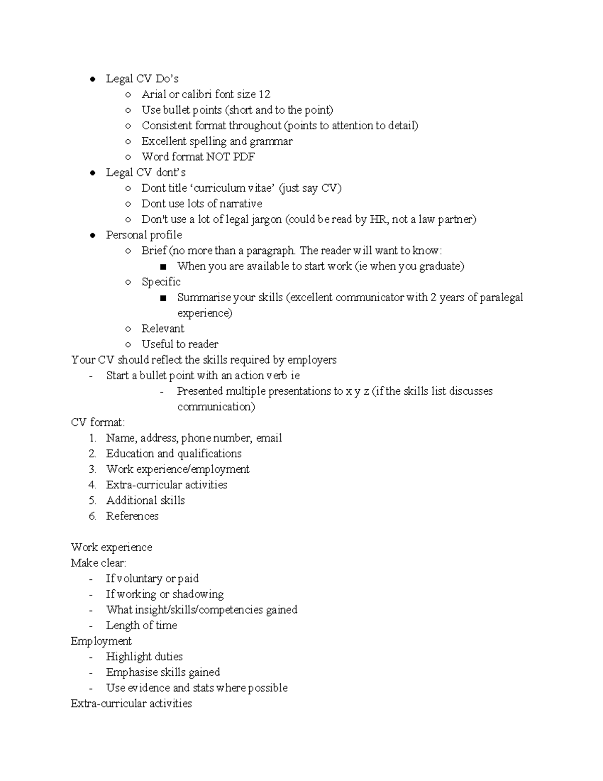 CV cover letter workshop notes - Legal CV Do’s Arial or calibri font ...