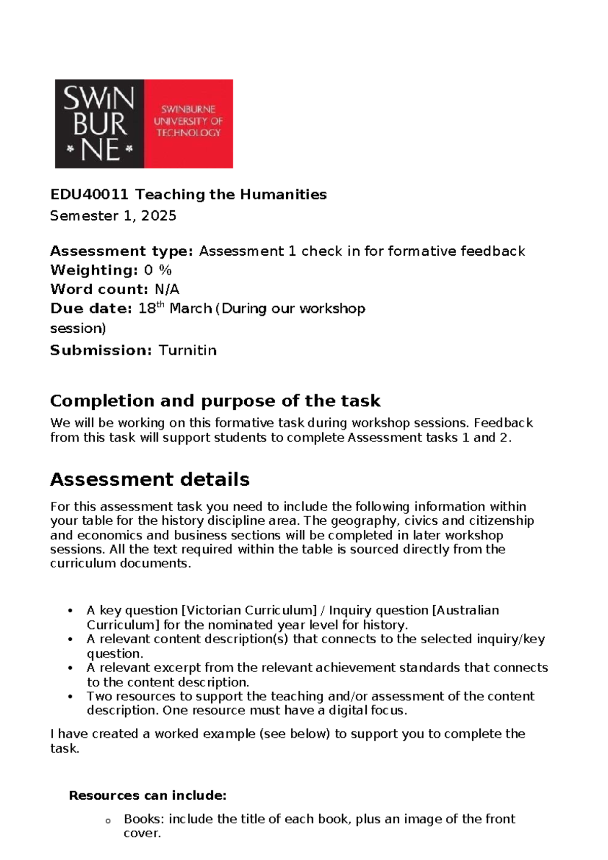 EDU40011 Assessment 1 Check-in for Formative Feedback Sem 1 2025 - Studocu