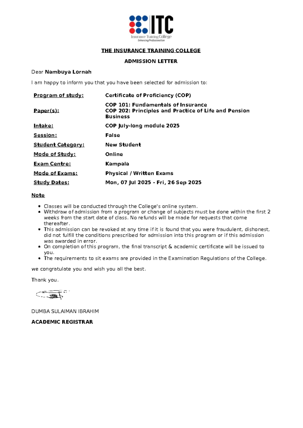 COP Admission Letter for Certificate of Proficiency 2025 - Studocu