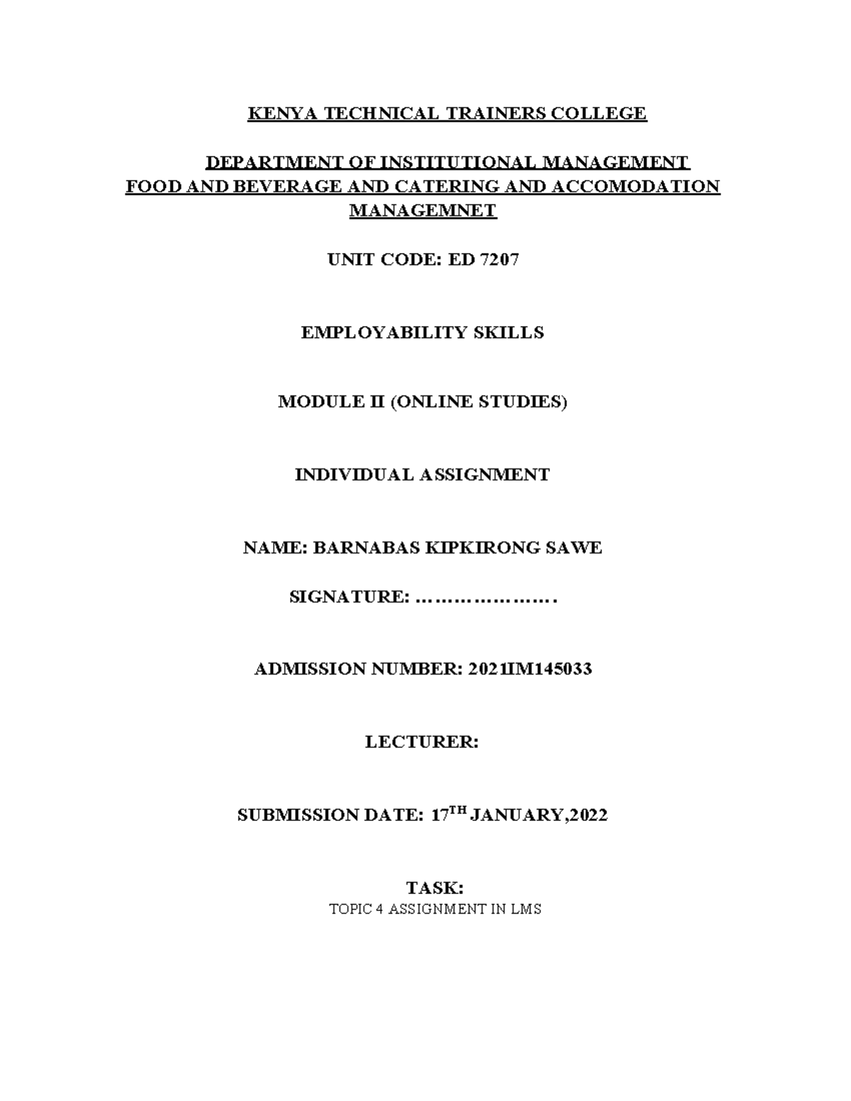 Employability Skills - Individual Assignment ED 7207 Task 4 - Studocu