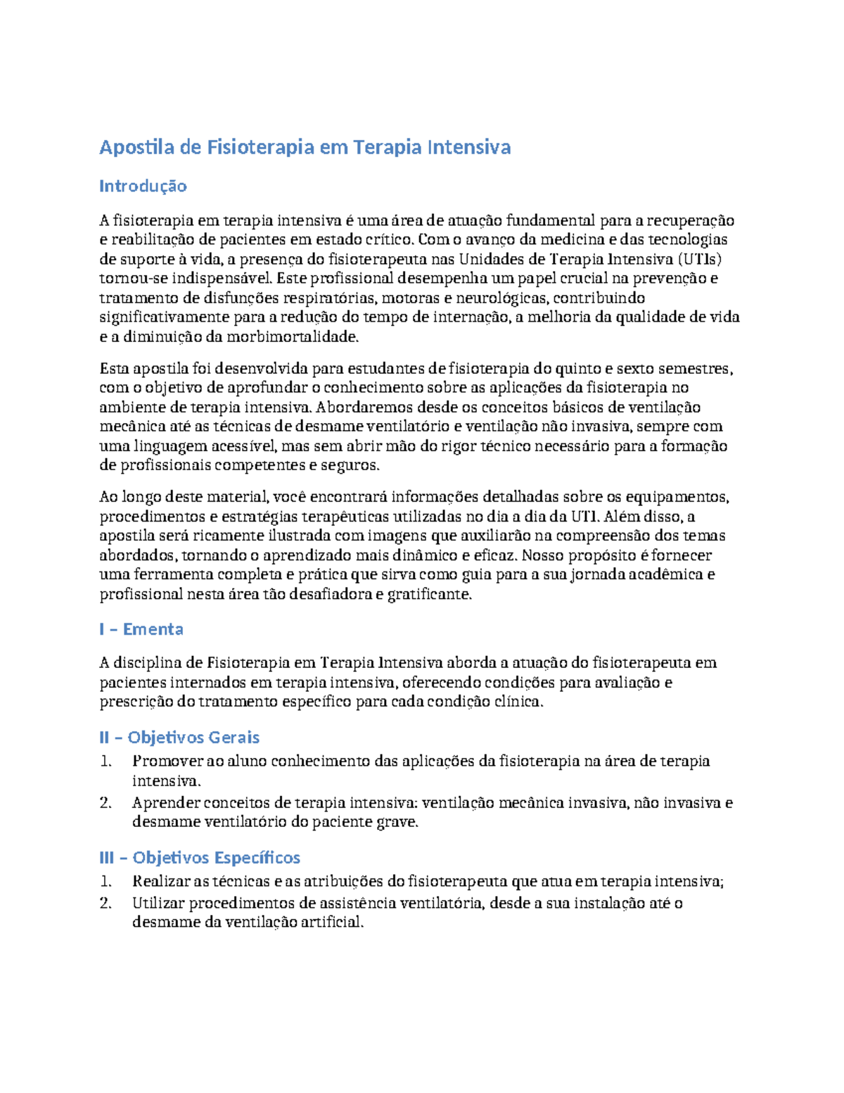 Apostila de Fisioterapia em Terapia Intensiva - 5º e 6º Semestres - Studocu