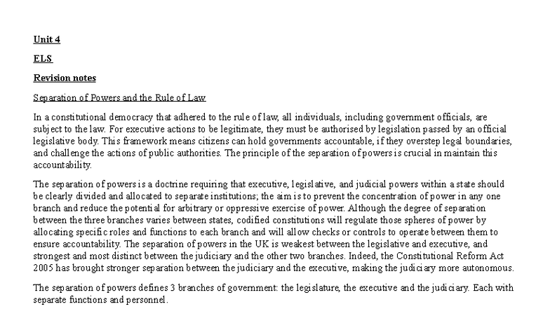 Unit 4 ELS Revision Notes: Separation of Powers & Rule of Law - Studocu