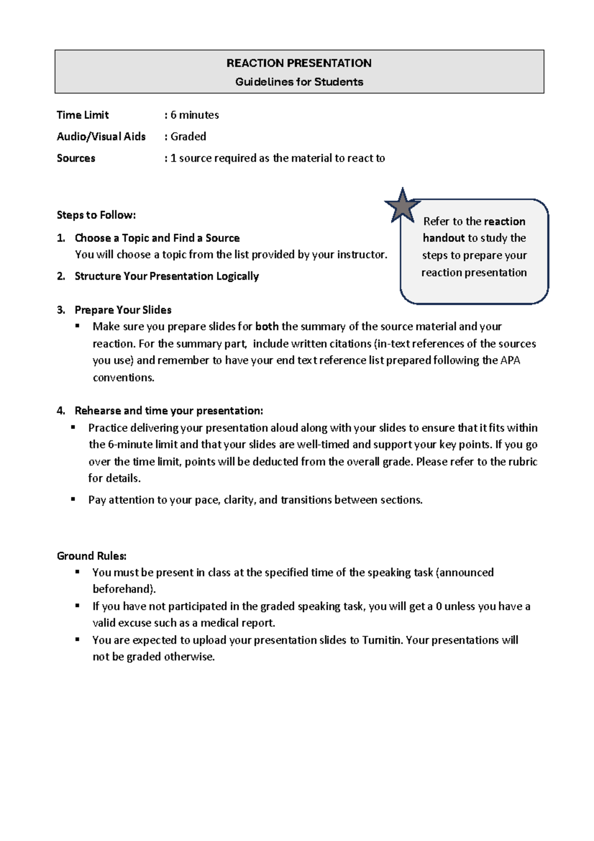 REACTION PRESENTATION Guidelines for Students (6 min) - Studocu