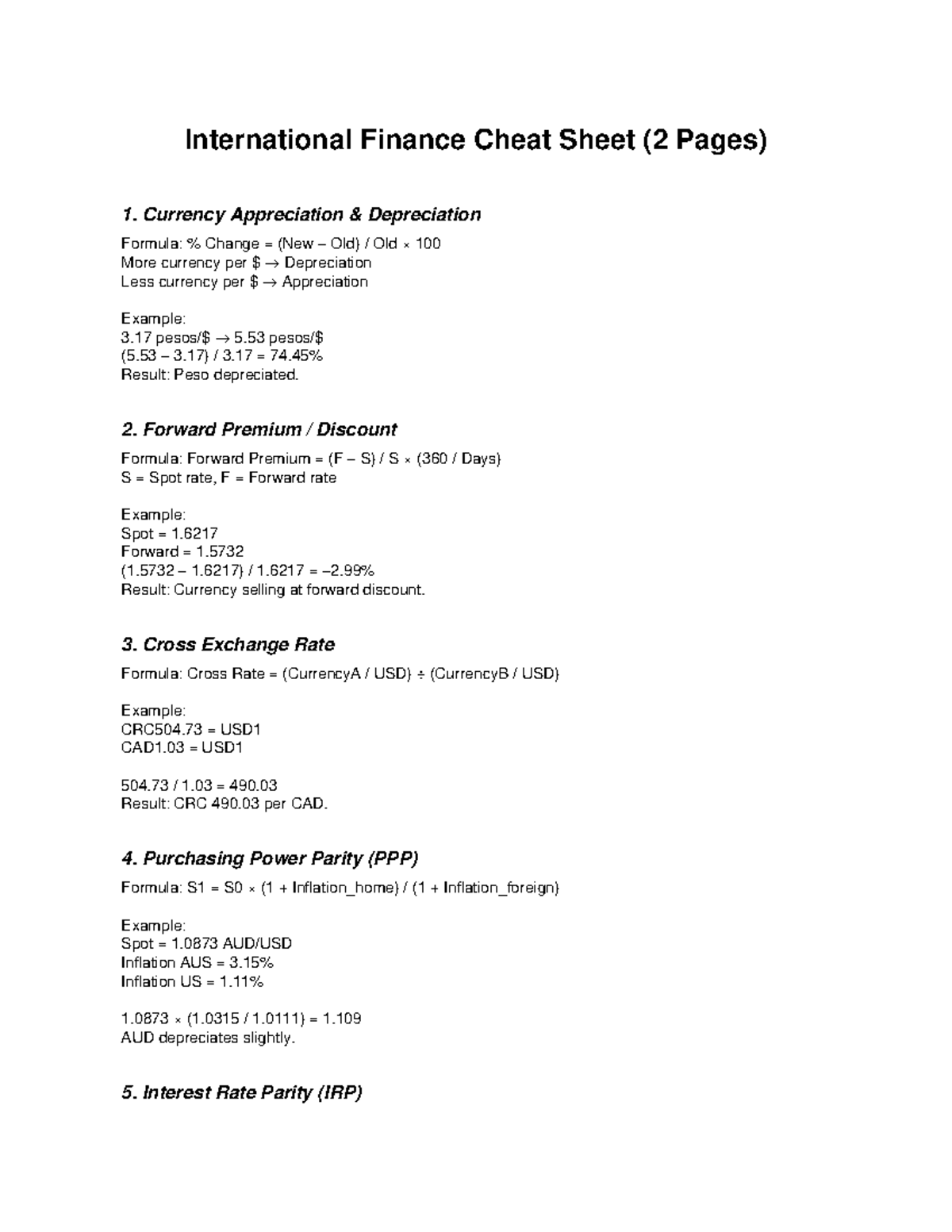 INTL FIN 101: International Finance Cheat Sheet & Key Formulas - Studocu