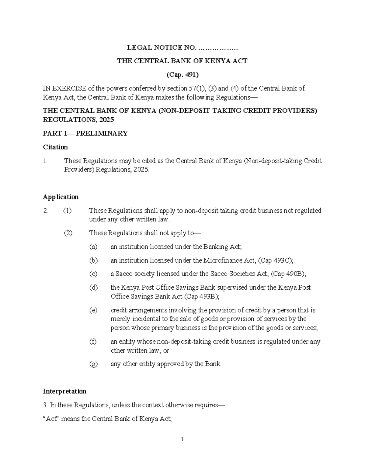 Draft Regulations for Non-Deposit Taking Credit Providers (CBK NDTCP ...