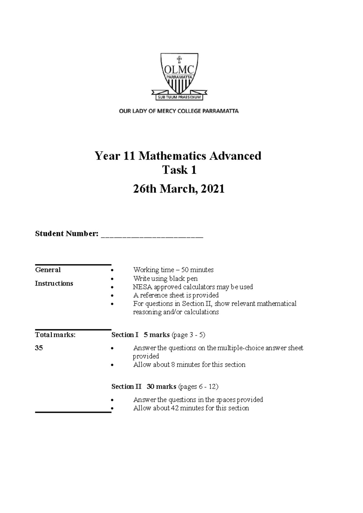 Year 11 Mathematics Advanced Task 1 - March 26, 2021 - Studocu