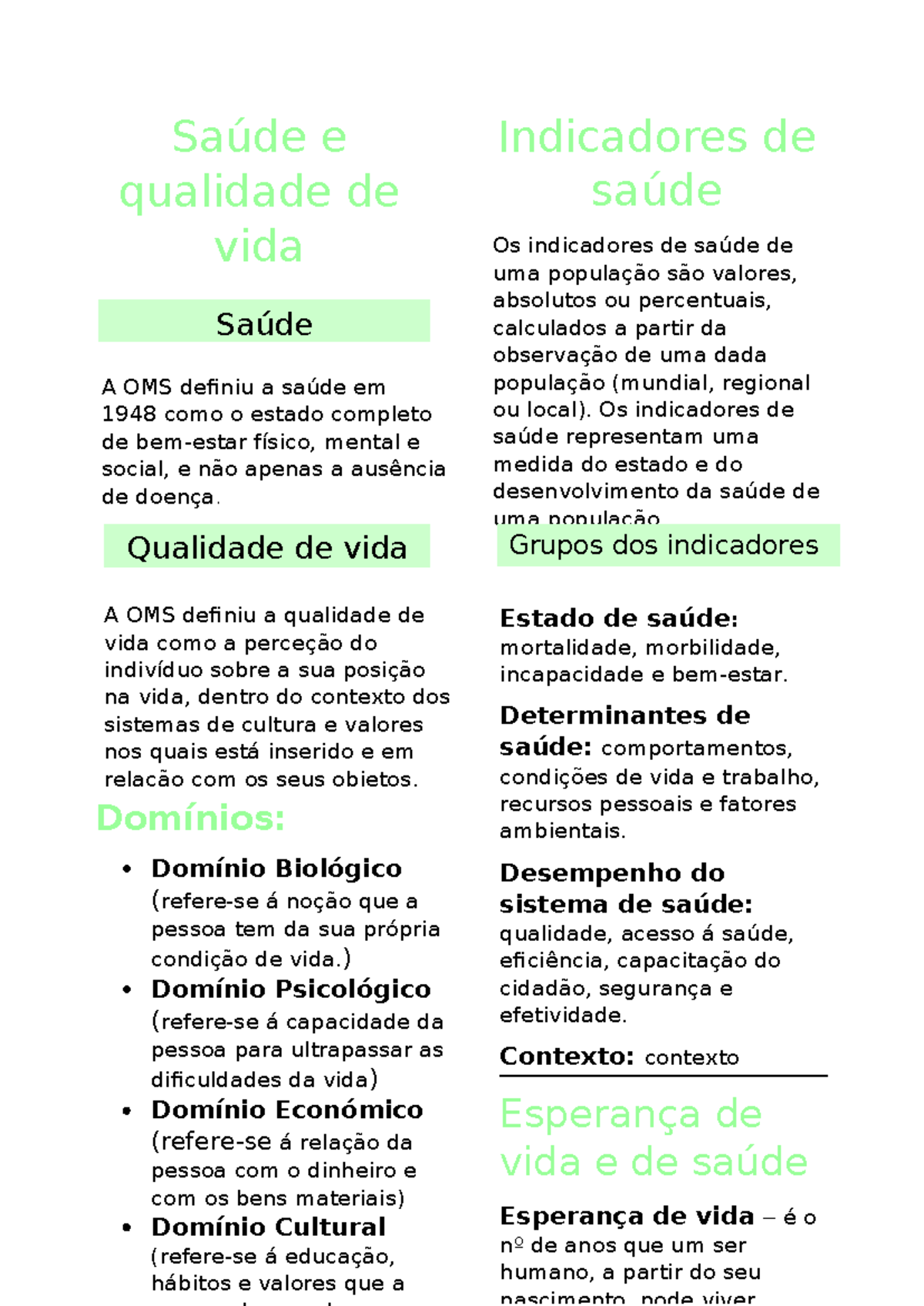 Cien. da Saúde - Resumo sobre Qualidade de Vida e Indicadores - Studocu