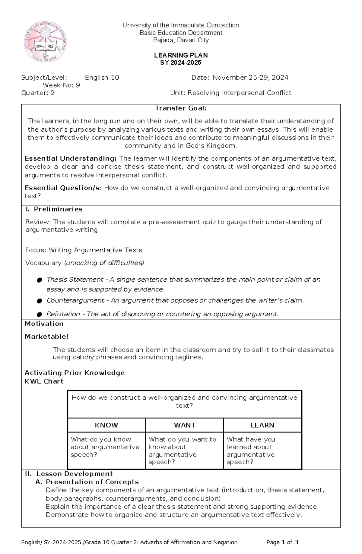 E10 Q2 W9 Learning Plan: Writing Argumentative Texts - Studocu
