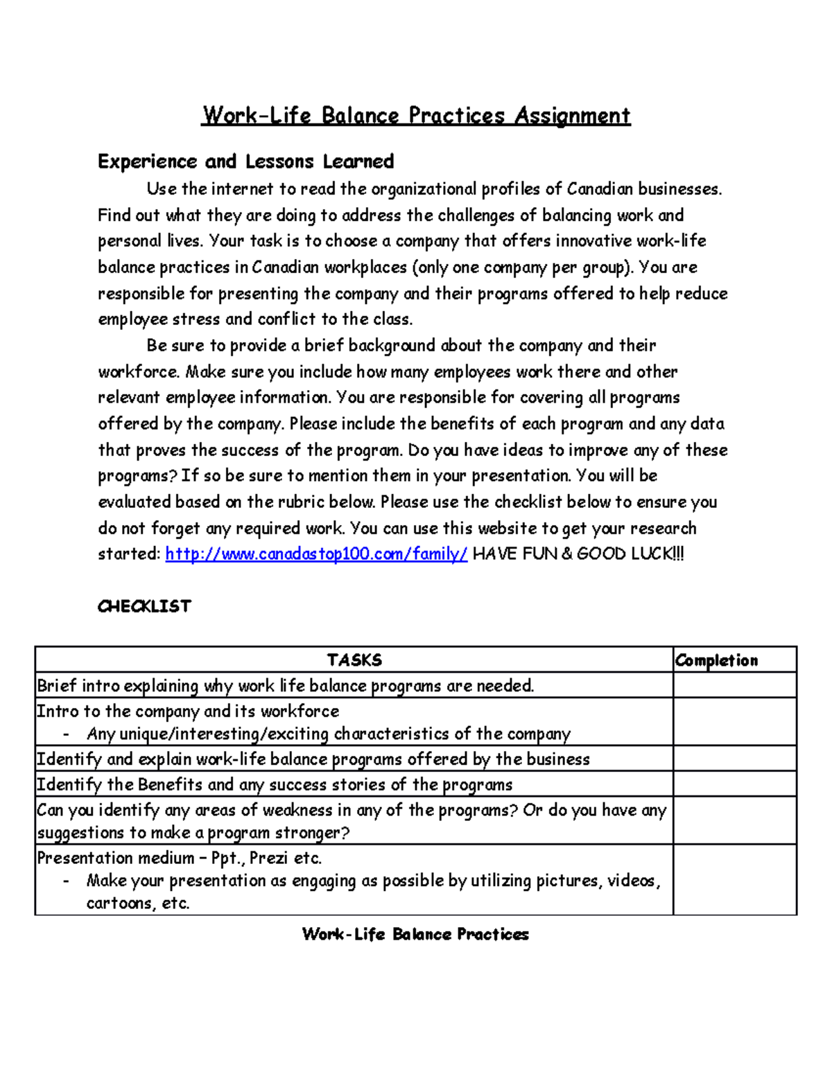 Work-life balance practices activity - Work-Life Balance Practices ...