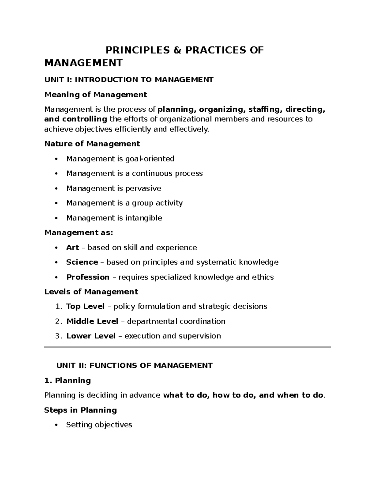 Principles and Practices of Management: Unit I Overview - Studocu