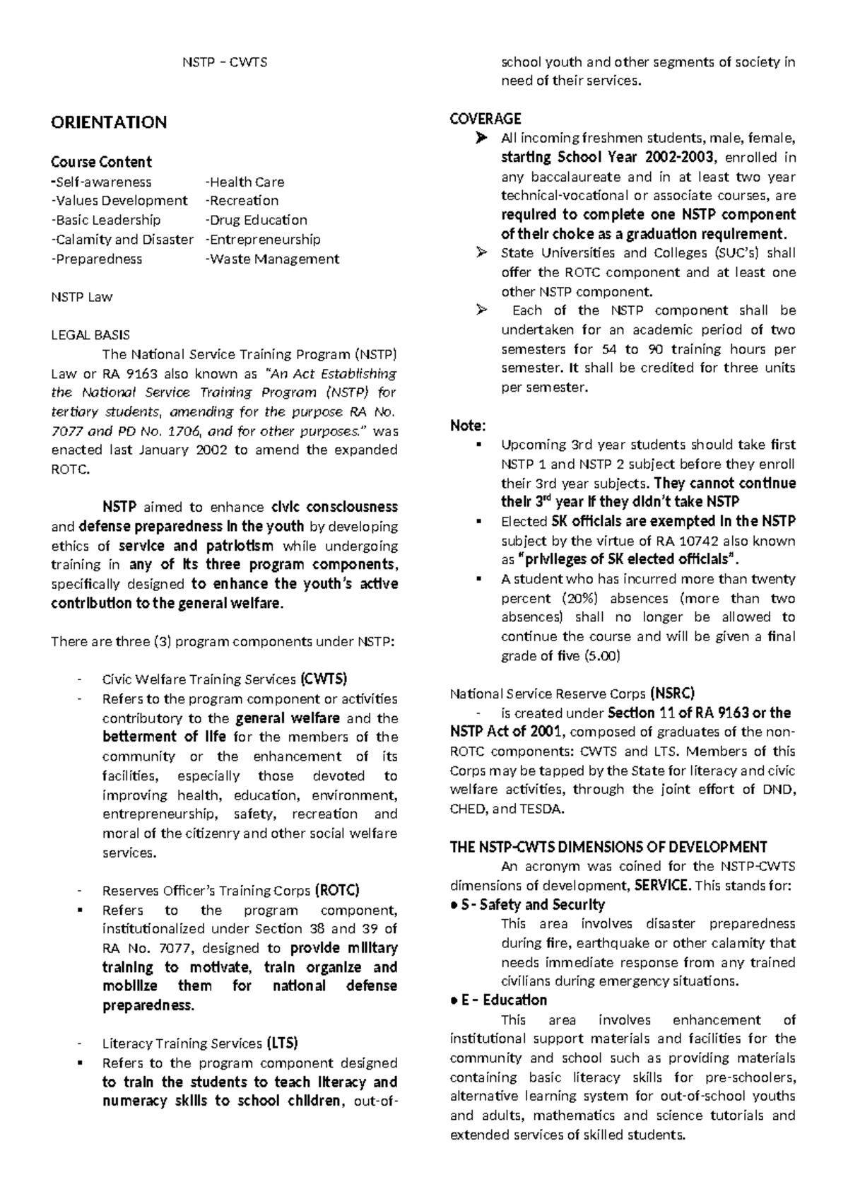 NSTP-CWTS Orientation Reviewer: Key Components and Overview - Studocu