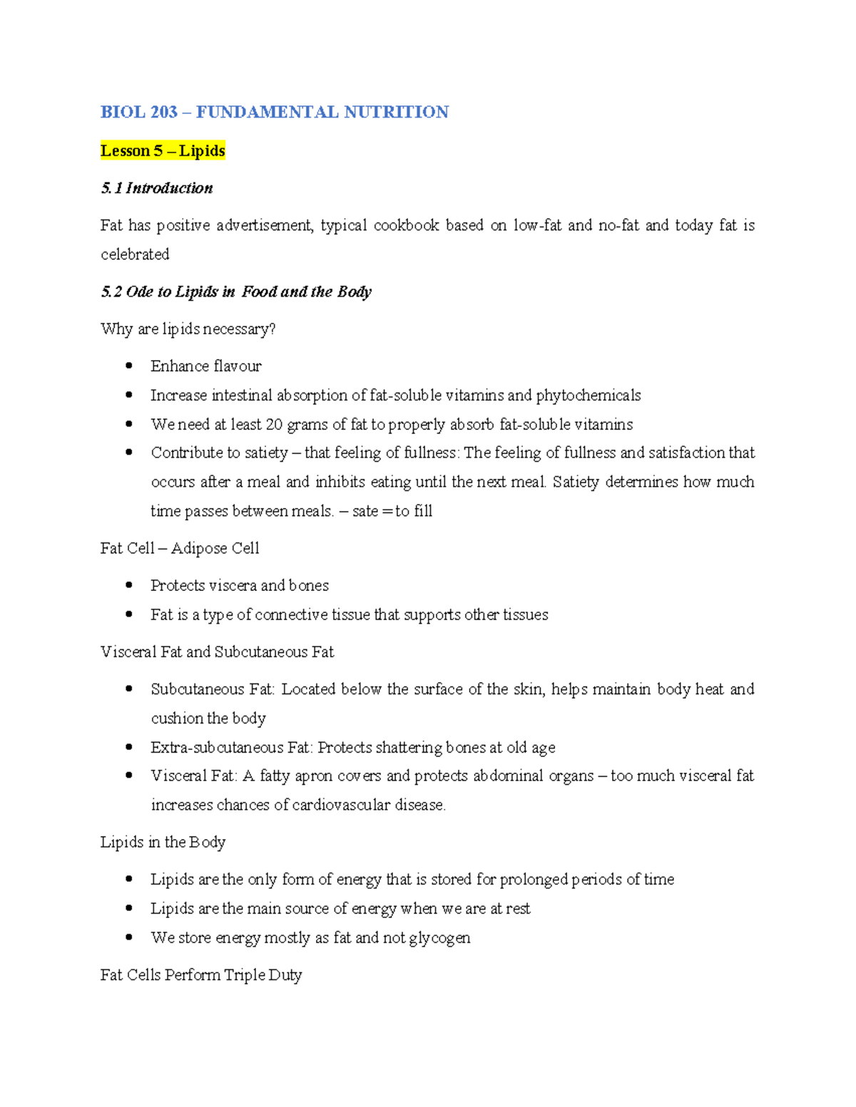 BIOL 203 - Lesson 5 - Notes - BIOL 203 – FUNDAMENTAL NUTRITION Lesson 5 ...