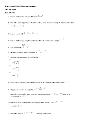 Practice Paper 1 (Unit 1 Maths Methods Exam) - Tech Active - Studocu