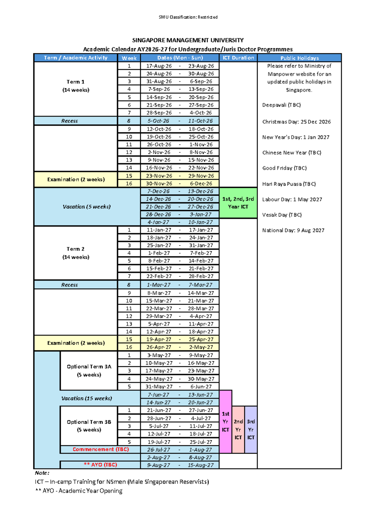 SMU ACADEMIC CALENDAR AY2026-27: Public Holidays & Schedule - Studocu