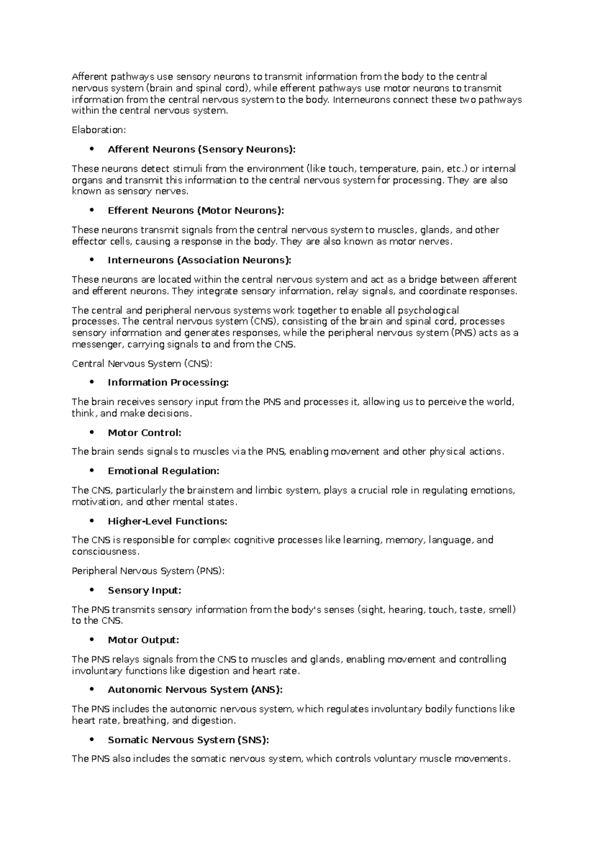 Unit 3 AOS1 Overview: Nervous System Pathways and Functions - Studocu