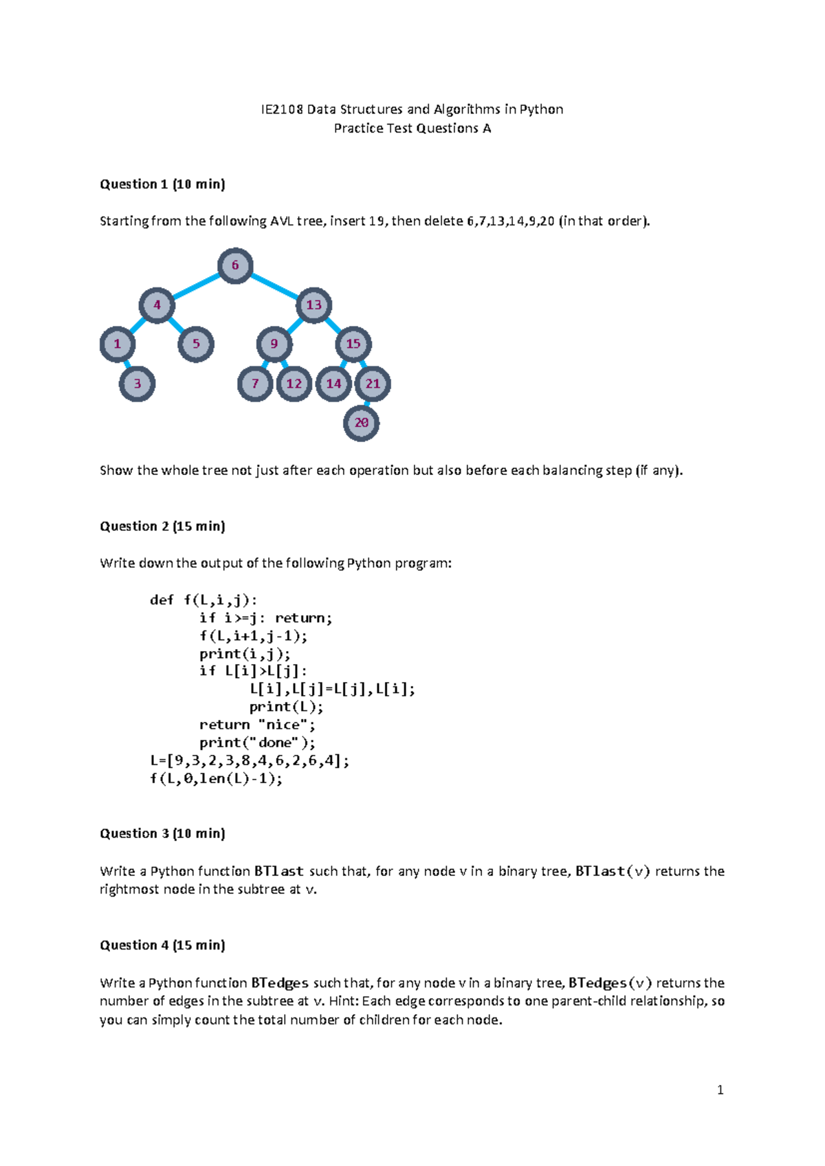 IE2108 Data Structures & Algorithms in Python Practice Test Questions ...