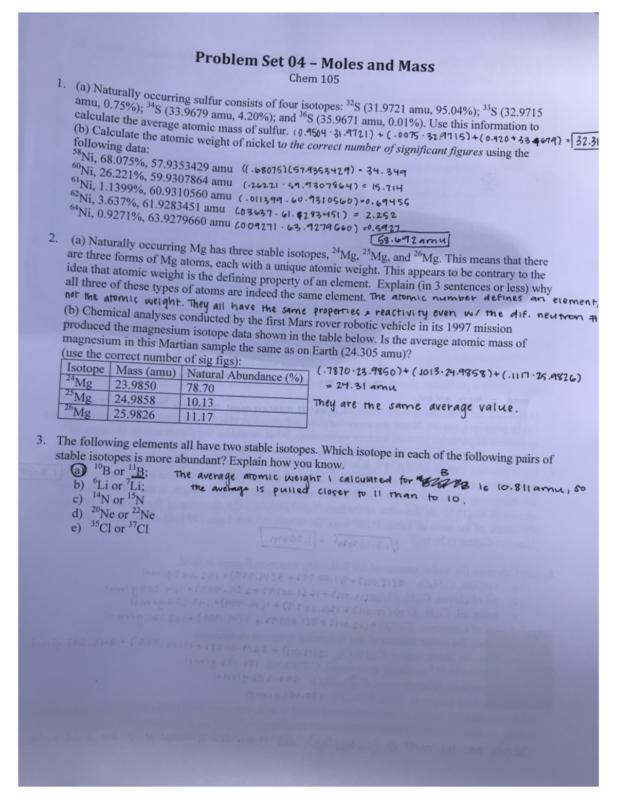 Problem set number 04 - Problem Set 04 Moles and Mass Chem 105 1. amu ...