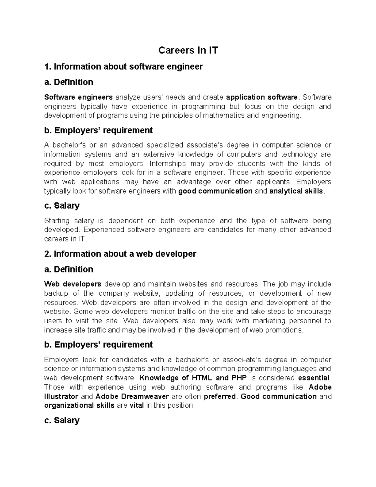Careers in IT: Software Engineer & Web Developer Overview - Studocu