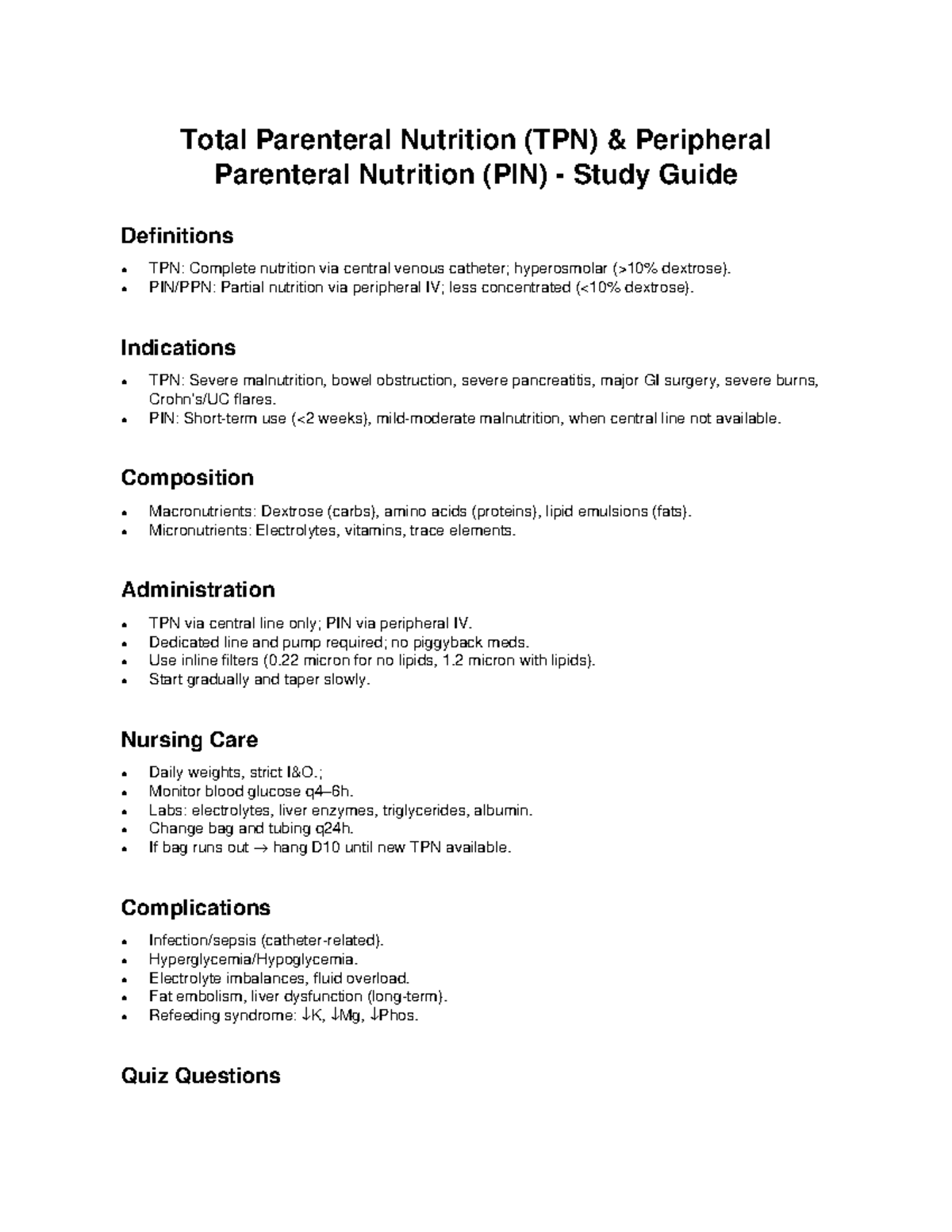 TPN and PIN Study Guide: Key Definitions and Nursing Care - Studocu