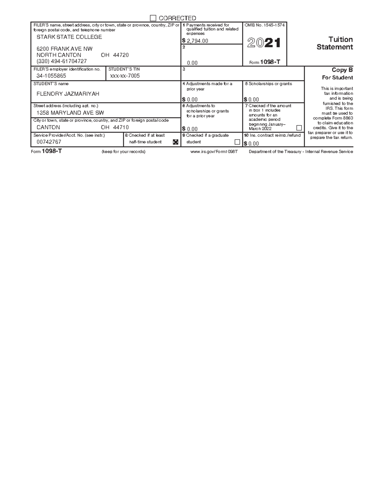 Show - hdldhbQ - Form 1098-T 2021 Tuition Statement Department of the ...
