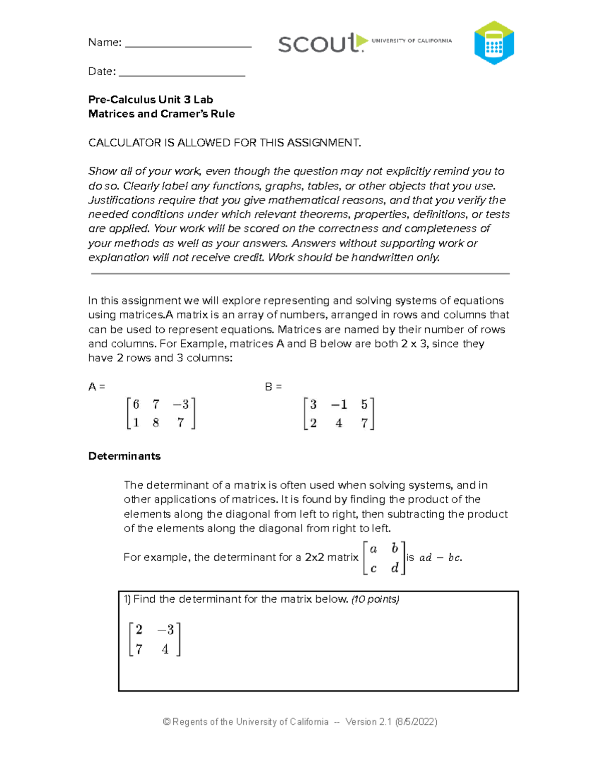 Pre Calc Unit 3 Lab: Matrices and Systems of Equations - Studocu