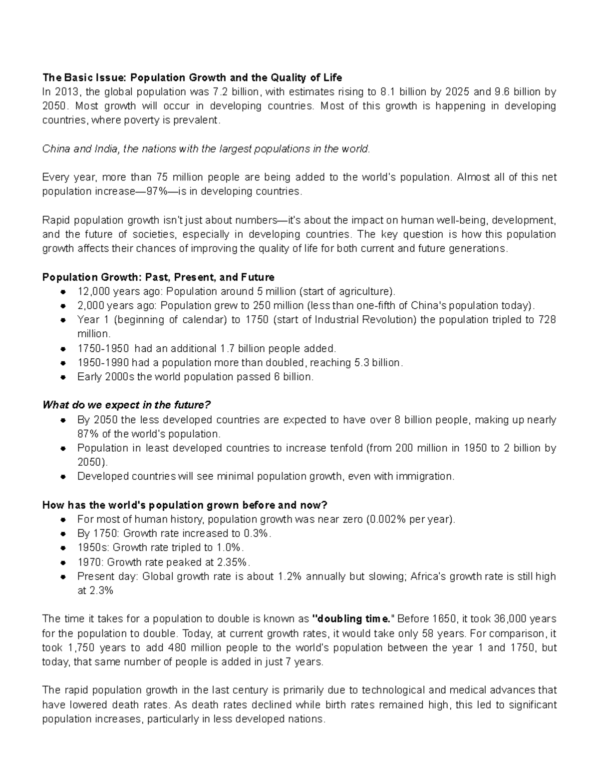Notes ON Population Growth (draft) - The Basic Issue: Population Growth ...