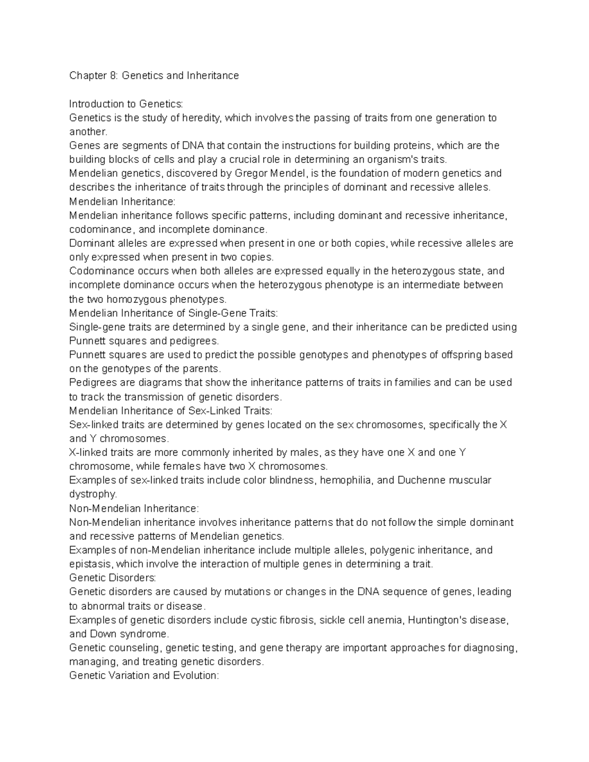 Genetics and Inheritance Notes - Chapter 8 Overview - Studocu
