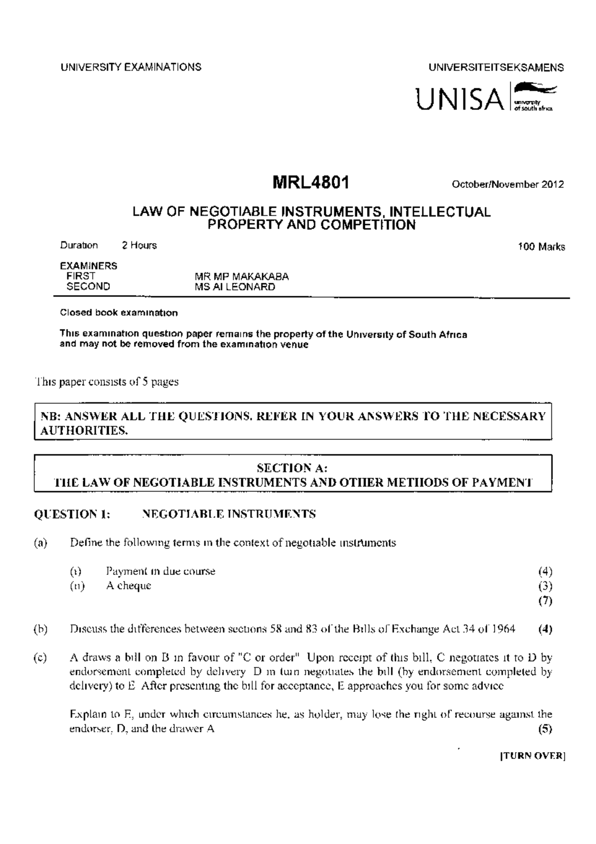 MRL4801 Final Exam 2012: Law of Negotiable Instruments & IP - Studocu