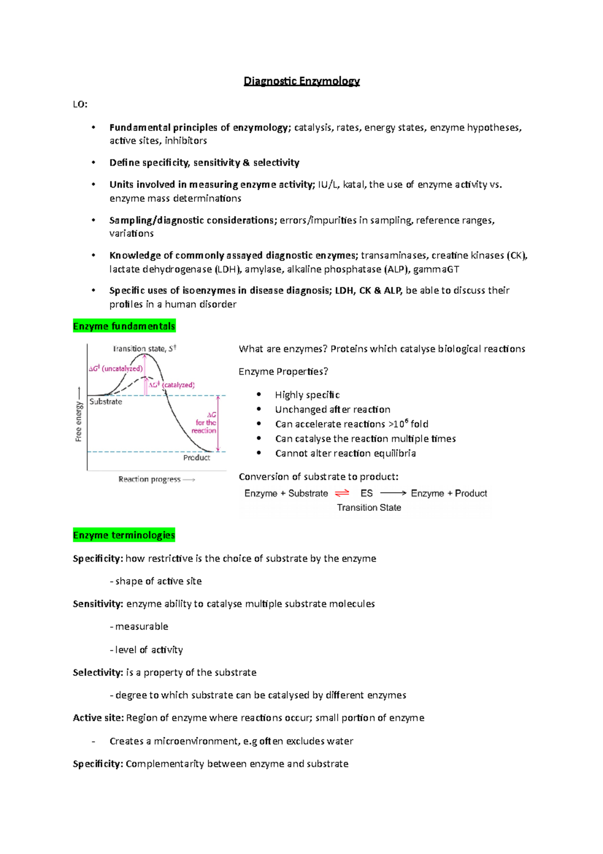 Diagnostic Enzymology: Key Concepts and Clinical Applications - Studocu