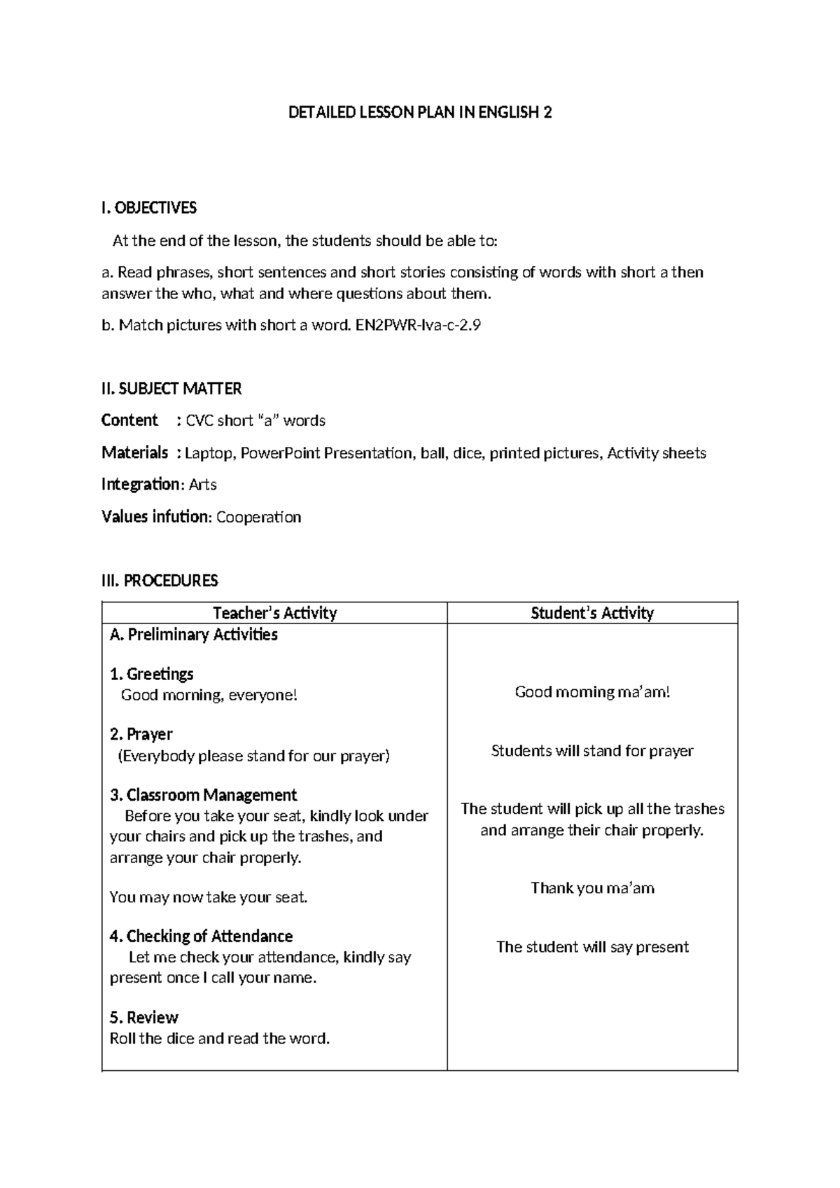 DLP ENGLISH 2 Q4 - Comprehensive Lesson Plan on Short 'A' Words - Studocu