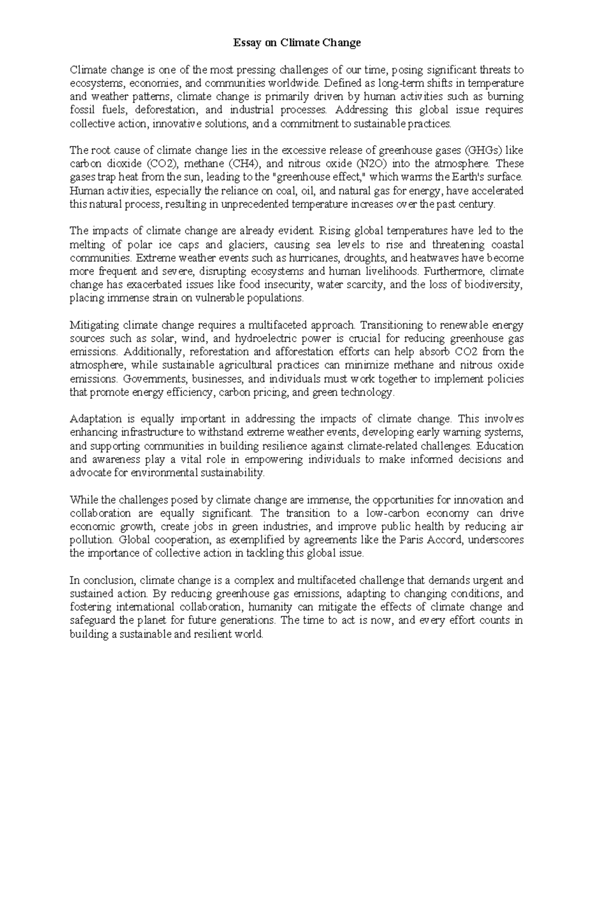Essay on Climate Change - Essay on Climate Change Climate change is one ...