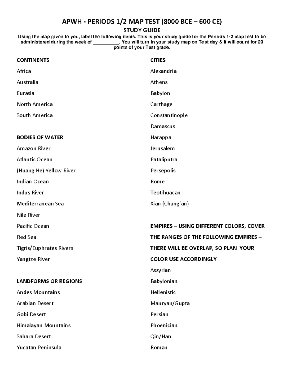 00 - Foundations Map Study Guide - APWH - PERIODS 1/2 MAP TEST (8000 ...