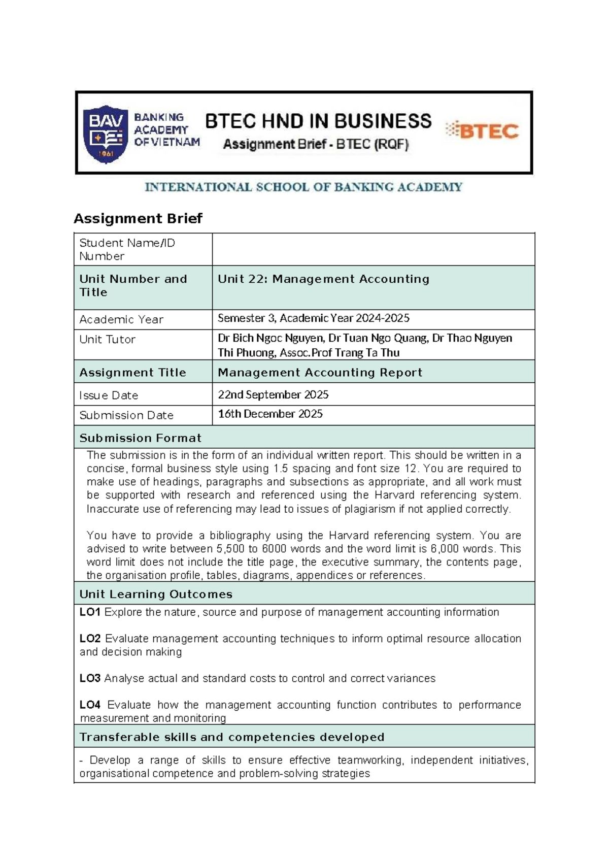 MA Assignment Brief: Unit 22 Management Accounting Report (Sem 1 2526 ...