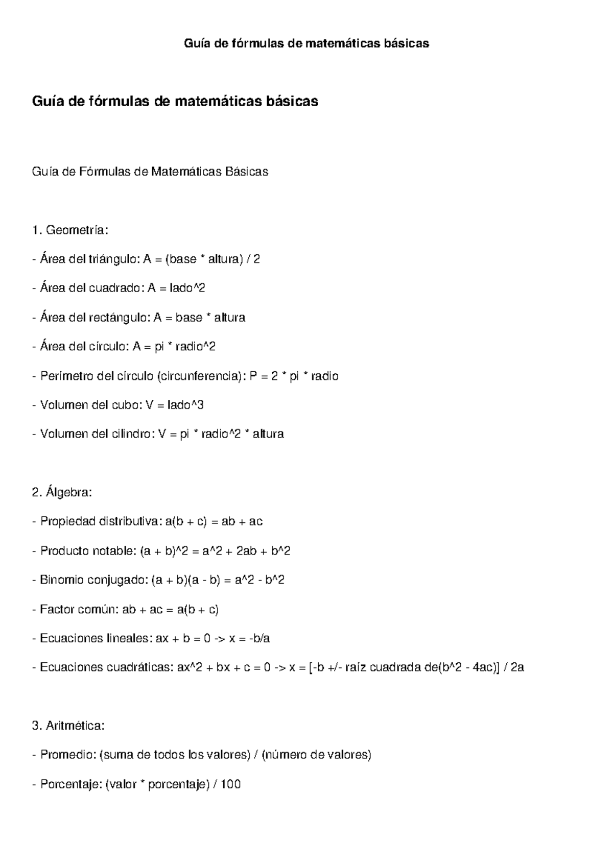 Guía Extendida de Fórmulas de Matemáticas Básicas - Studocu