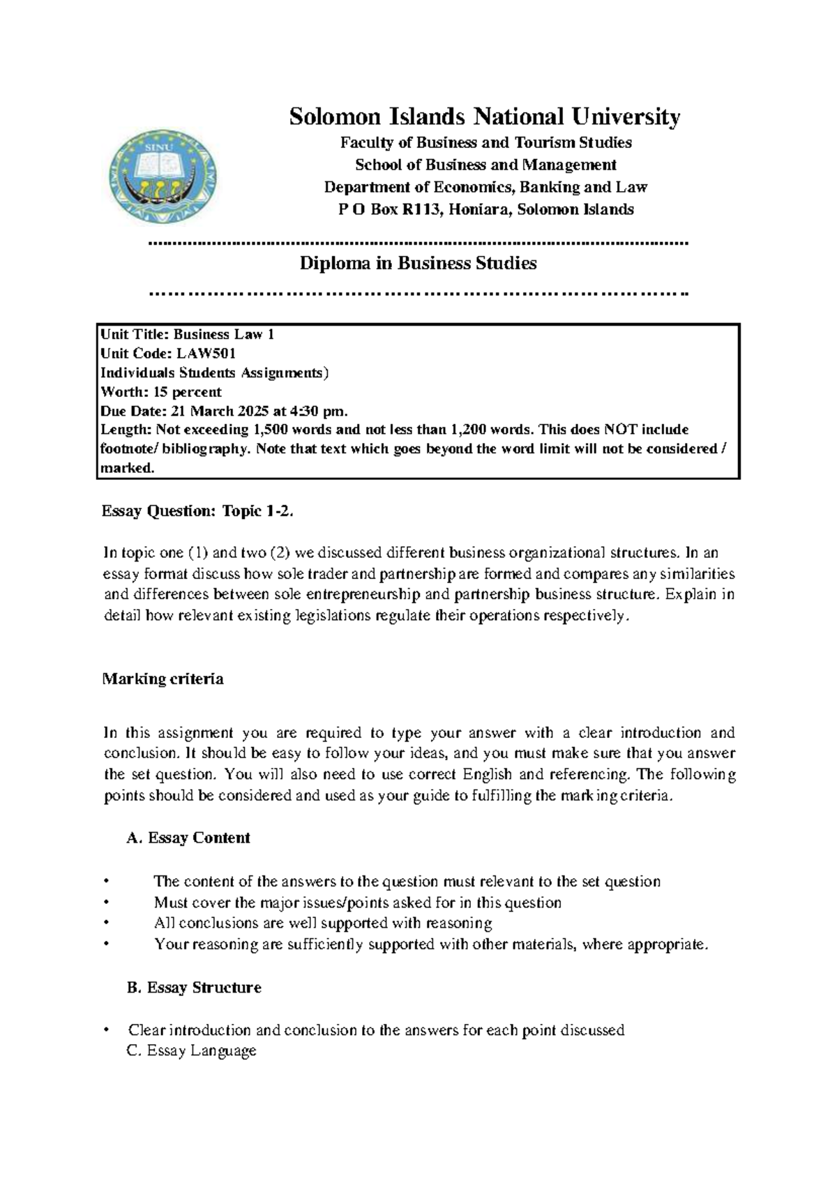 Assignment 1 -15% - Solomon Islands National University Faculty of ...