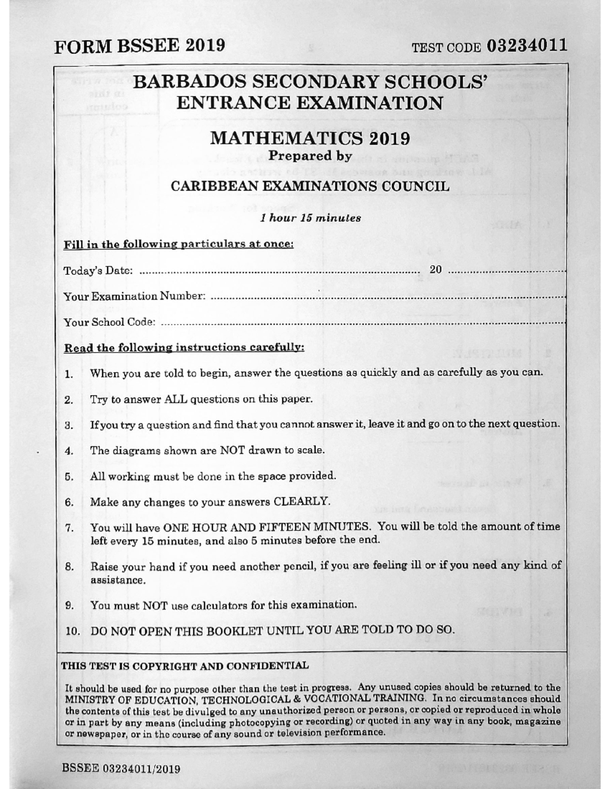 BSSEE 2019 Mathematics Test Paper - Copy of Original Document - Studocu